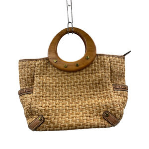 Fossil Womens Handbag Beige Basket Weave Pocket Top Handle Studded M